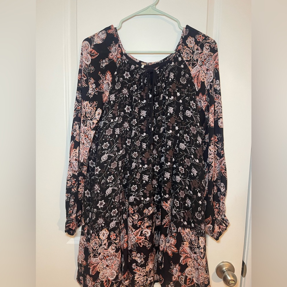 🌻Women’s Free People Lucky Loosey Floral Print Boho Mini Dress Onyx Combo Sz S - Picture 7 of 16